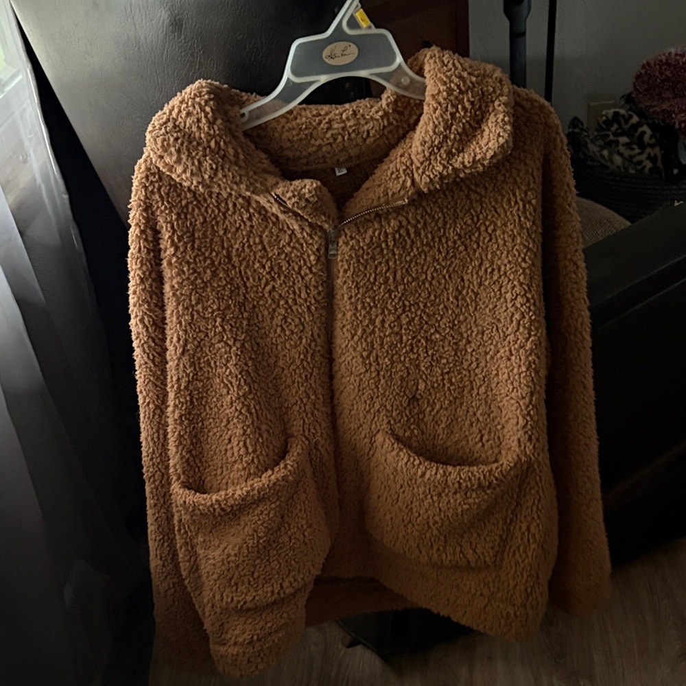 Amazon Women's Teddy Zip-Up Jacket in Camel Brown